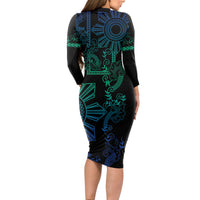 Filipino Sun Tribal Tattoo Long Sleeve Bodycon Dress Philippines Inspired Barong Blue Art LT9 - Polynesian Pride
