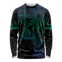 Filipino Sun Tribal Tattoo Long Sleeve Shirt Philippines Inspired Barong Blue Art LT9 Unisex Blue - Polynesian Pride
