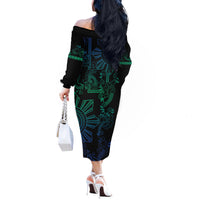 Filipino Sun Tribal Tattoo Off The Shoulder Long Sleeve Dress Philippines Inspired Barong Blue Art LT9 - Polynesian Pride