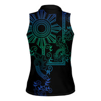 Filipino Sun Tribal Tattoo Women Sleeveless Polo Shirt Philippines Inspired Barong Blue Art LT9 - Polynesian Pride
