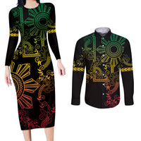 Filipino Sun Tribal Tattoo Couples Matching Long Sleeve Bodycon Dress and Long Sleeve Button Shirt Philippines Inspired Barong Reggae Art LT9 Reggae - Polynesian Pride