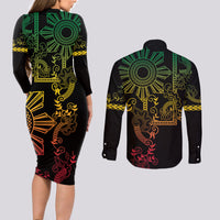Filipino Sun Tribal Tattoo Couples Matching Long Sleeve Bodycon Dress and Long Sleeve Button Shirt Philippines Inspired Barong Reggae Art LT9 - Polynesian Pride