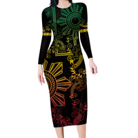 Filipino Sun Tribal Tattoo Family Matching Long Sleeve Bodycon Dress and Hawaiian Shirt Philippines Inspired Barong Reggae Art LT9 Mom's Dress Reggae - Polynesian Pride