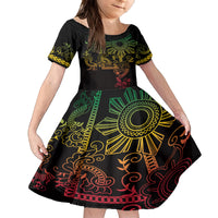 Filipino Sun Tribal Tattoo Family Matching Off The Shoulder Long Sleeve Dress and Hawaiian Shirt Philippines Inspired Barong Reggae Art LT9 Daughter's Dress Reggae - Polynesian Pride