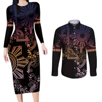 Filipino Sun Tribal Tattoo Couples Matching Long Sleeve Bodycon Dress and Long Sleeve Button Shirt Philippines Inspired Barong Pink Art LT9 Pink - Polynesian Pride