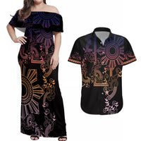 Filipino Sun Tribal Tattoo Couples Matching Off Shoulder Maxi Dress and Hawaiian Shirt Philippines Inspired Barong Pink Art LT9 Pink - Polynesian Pride