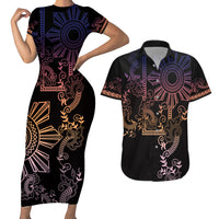 Filipino Sun Tribal Tattoo Couples Matching Short Sleeve Bodycon Dress and Hawaiian Shirt Philippines Inspired Barong Pink Art LT9 Pink - Polynesian Pride