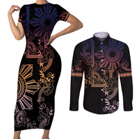 Filipino Sun Tribal Tattoo Couples Matching Short Sleeve Bodycon Dress and Long Sleeve Button Shirt Philippines Inspired Barong Pink Art LT9 Pink - Polynesian Pride