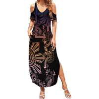 Filipino Sun Tribal Tattoo Family Matching Summer Maxi Dress and Hawaiian Shirt Philippines Inspired Barong Pink Art LT9 Mom's Dress Pink - Polynesian Pride