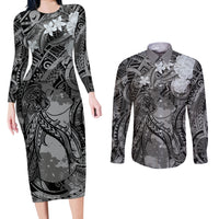 Pacific Beauty Girl Couples Matching Long Sleeve Bodycon Dress and Long Sleeve Button Shirt Black Polyneisan Tribal Vintage Motif LT9 Black - Polynesian Pride