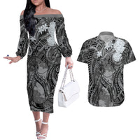 Pacific Beauty Girl Couples Matching Off The Shoulder Long Sleeve Dress and Hawaiian Shirt Black Polyneisan Tribal Vintage Motif LT9 Black - Polynesian Pride