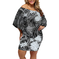 Pacific Beauty Girl Family Matching Off Shoulder Short Dress and Hawaiian Shirt Black Polyneisan Tribal Vintage Motif LT9 Mom's Dress Black - Polynesian Pride