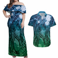 Pacific Beauty Girl Couples Matching Off Shoulder Maxi Dress and Hawaiian Shirt Blue Polyneisan Tribal Vintage Motif LT9 Blue - Polynesian Pride