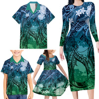Pacific Beauty Girl Family Matching Long Sleeve Bodycon Dress and Hawaiian Shirt Blue Polyneisan Tribal Vintage Motif LT9 - Polynesian Pride