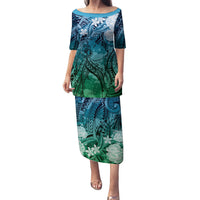 Pacific Beauty Girl Family Matching Puletasi and Hawaiian Shirt Blue Polyneisan Tribal Vintage Motif LT9 Mom's Dress Blue - Polynesian Pride