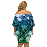 Pacific Beauty Girl Off Shoulder Short Dress Blue Polyneisan Tribal Vintage Motif LT9 - Polynesian Pride