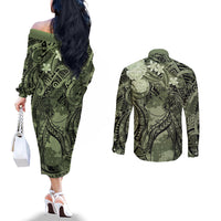 Pacific Beauty Girl Couples Matching Off The Shoulder Long Sleeve Dress and Long Sleeve Button Shirt Green Polyneisan Tribal Vintage Motif LT9 - Polynesian Pride