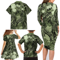 Pacific Beauty Girl Family Matching Long Sleeve Bodycon Dress and Hawaiian Shirt Green Polyneisan Tribal Vintage Motif LT9 - Polynesian Pride
