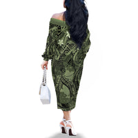 Pacific Beauty Girl Family Matching Off The Shoulder Long Sleeve Dress and Hawaiian Shirt Green Polyneisan Tribal Vintage Motif LT9 - Polynesian Pride