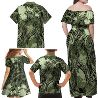 Pacific Beauty Girl Family Matching Off Shoulder Maxi Dress and Hawaiian Shirt Green Polyneisan Tribal Vintage Motif LT9 - Polynesian Pride