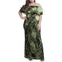 Pacific Beauty Girl Family Matching Off Shoulder Maxi Dress and Hawaiian Shirt Green Polyneisan Tribal Vintage Motif LT9 Mom's Dress Green - Polynesian Pride