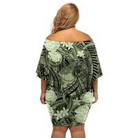 Pacific Beauty Girl Family Matching Off Shoulder Short Dress and Hawaiian Shirt Green Polyneisan Tribal Vintage Motif LT9 - Polynesian Pride