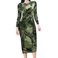 Pacific Beauty Girl Long Sleeve Bodycon Dress Green Polyneisan Tribal Vintage Motif LT9 Long Dress Green - Polynesian Pride
