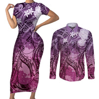 Pacific Beauty Girl Couples Matching Short Sleeve Bodycon Dress and Long Sleeve Button Shirt Pink Polyneisan Tribal Vintage Motif LT9 Pink - Polynesian Pride