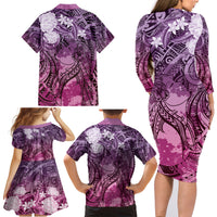 Pacific Beauty Girl Family Matching Long Sleeve Bodycon Dress and Hawaiian Shirt Pink Polyneisan Tribal Vintage Motif LT9 - Polynesian Pride
