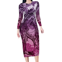 Pacific Beauty Girl Family Matching Long Sleeve Bodycon Dress and Hawaiian Shirt Pink Polyneisan Tribal Vintage Motif LT9 Mom's Dress Pink - Polynesian Pride