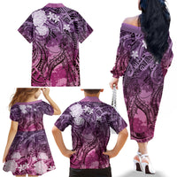 Pacific Beauty Girl Family Matching Off The Shoulder Long Sleeve Dress and Hawaiian Shirt Pink Polyneisan Tribal Vintage Motif LT9 - Polynesian Pride