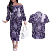 Pacific Beauty Girl Couples Matching Off The Shoulder Long Sleeve Dress and Hawaiian Shirt Violet Polyneisan Tribal Vintage Motif LT9 Violet - Polynesian Pride