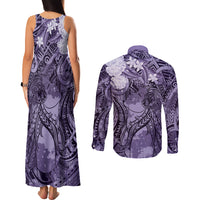 Pacific Beauty Girl Couples Matching Tank Maxi Dress and Long Sleeve Button Shirt Violet Polyneisan Tribal Vintage Motif LT9 - Polynesian Pride