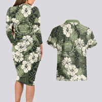 Tongan Kupesi Ngatu Hibiscus Vintage Motif Couples Matching Long Sleeve Bodycon Dress and Hawaiian Shirt LT9 - Polynesian Pride