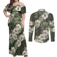 Tongan Kupesi Ngatu Hibiscus Vintage Motif Couples Matching Off Shoulder Maxi Dress and Long Sleeve Button Shirt LT9 Green - Polynesian Pride