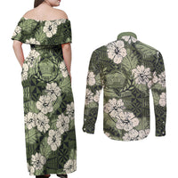 Tongan Kupesi Ngatu Hibiscus Vintage Motif Couples Matching Off Shoulder Maxi Dress and Long Sleeve Button Shirt LT9 - Polynesian Pride