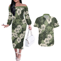 Tongan Kupesi Ngatu Hibiscus Vintage Motif Couples Matching Off The Shoulder Long Sleeve Dress and Hawaiian Shirt LT9 Green - Polynesian Pride