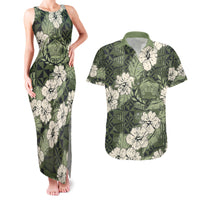 Tongan Kupesi Ngatu Hibiscus Vintage Motif Couples Matching Tank Maxi Dress and Hawaiian Shirt LT9 Green - Polynesian Pride