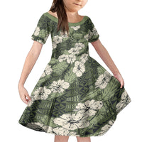 Tongan Kupesi Ngatu Hibiscus Vintage Motif Family Matching Off The Shoulder Long Sleeve Dress and Hawaiian Shirt LT9 Daughter's Dress Green - Polynesian Pride