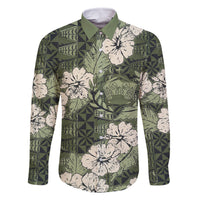 Tongan Kupesi Ngatu Hibiscus Vintage Motif Family Matching Summer Maxi Dress and Hawaiian Shirt LT9 Dad's Shirt - Long Sleeve Green - Polynesian Pride