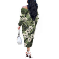 Tongan Kupesi Ngatu Hibiscus Vintage Motif Off The Shoulder Long Sleeve Dress LT9 - Polynesian Pride