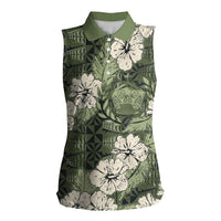 Tongan Kupesi Ngatu Hibiscus Vintage Motif Women Sleeveless Polo Shirt LT9 Female Green - Polynesian Pride