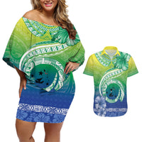 Malpampa Vanuatu Couples Matching Off Shoulder Short Dress and Hawaiian Shirt Hibiscus Sand Drawing with Pacific Pattern LT9 Green Art - Polynesian Pride