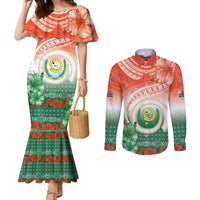 Penama Vanuatu Couples Matching Mermaid Dress and Long Sleeve Button Shirt Hibiscus Sand Drawing with Pacific Pattern