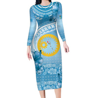 Sanma Vanuatu Family Matching Long Sleeve Bodycon Dress and Hawaiian Shirt Hibiscus Sand Drawing with Pacific Pattern LT9 Mom's Dress Blue Art - Polynesian Pride