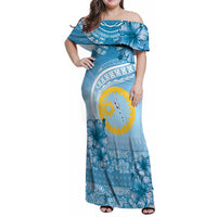 Sanma Vanuatu Family Matching Off Shoulder Maxi Dress and Hawaiian Shirt Hibiscus Sand Drawing with Pacific Pattern LT9 Mom's Dress Blue Art - Polynesian Pride