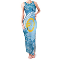 Sanma Vanuatu Family Matching Tank Maxi Dress and Hawaiian Shirt Hibiscus Sand Drawing with Pacific Pattern LT9 Mom's Dress Blue Art - Polynesian Pride