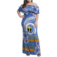 Tafea Vanuatu Family Matching Off Shoulder Maxi Dress and Hawaiian Shirt Hibiscus Sand Drawing with Pacific Pattern LT9 Mom's Dress Blue Art - Polynesian Pride