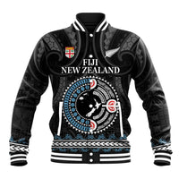 Custom Fiji and New Zealand Baseball Jacket Maori Fern Mix Tapa Tribal Unique LT9 Unisex Black - Polynesian Pride