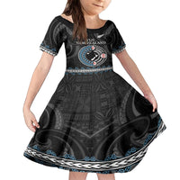 Custom Fiji and New Zealand Family Matching Off The Shoulder Long Sleeve Dress and Hawaiian Shirt Maori Fern Mix Tapa Tribal Unique LT9 Daughter's Dress Black - Polynesian Pride